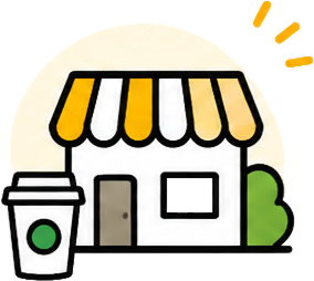 地域のお店とドリンクのイラスト