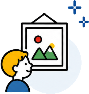 作品展示を見ている子どものイラスト